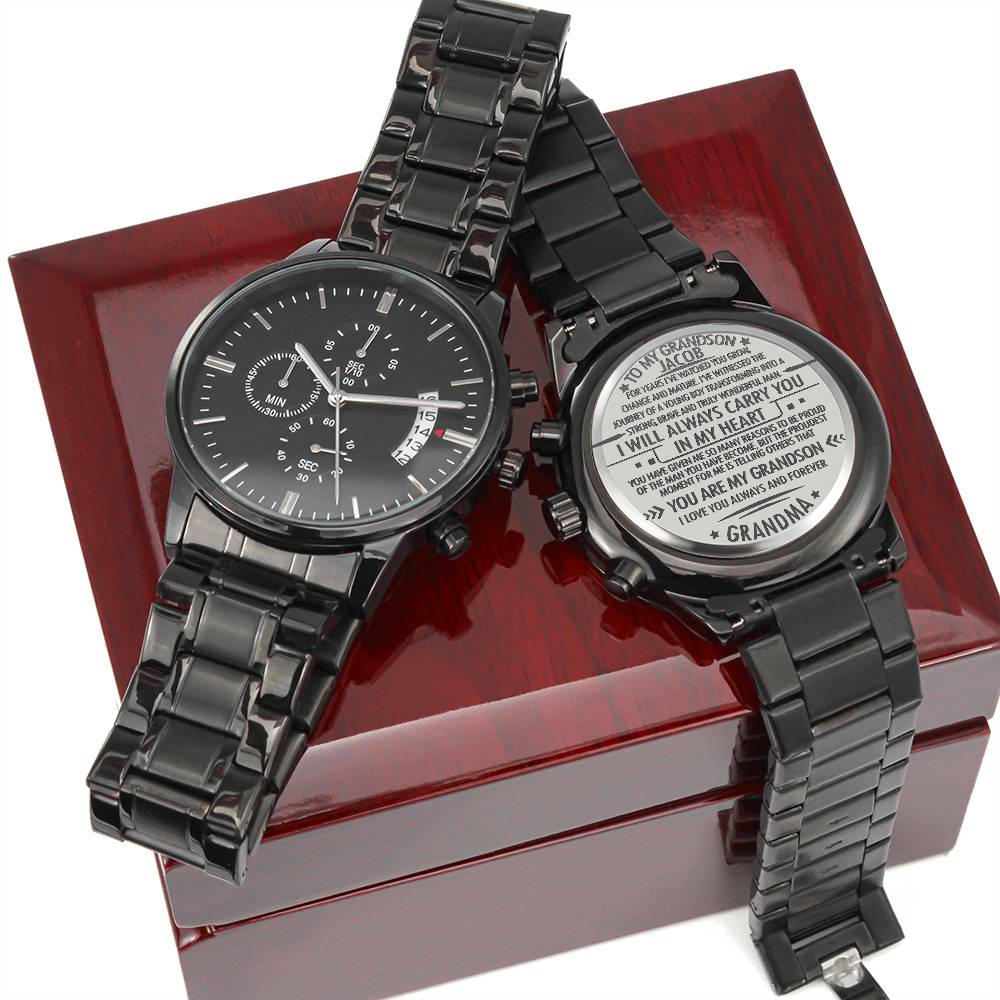 To My Grandson Personalized Black Chronograph Watch – Engraved Gift from Grandma to Grandson-Graduation, Birthday, Christmas