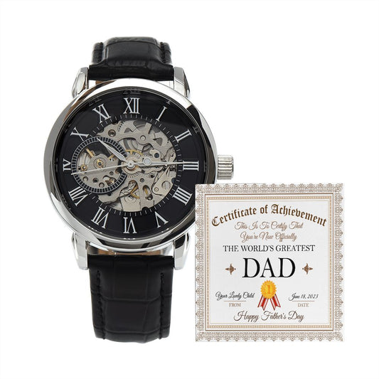 Dad Gift - Mens Skeleton Automatic Watch - World's Greatest Dad Certificate