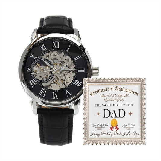 Dad Birthday Gift - Skeleton Mechanical Watch - Personalized - Officially The World's Greatest Dad