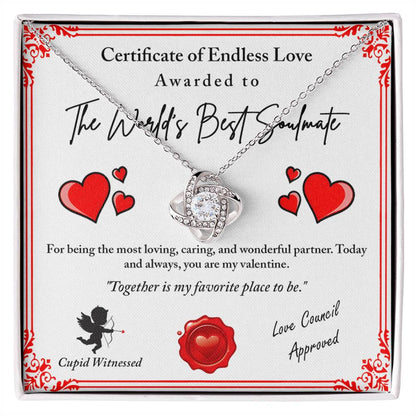 To My Soulmate Jewelry Gift - Love Knot Forever Necklace with Heartfelt Message Card From You - Cupid Witnessed