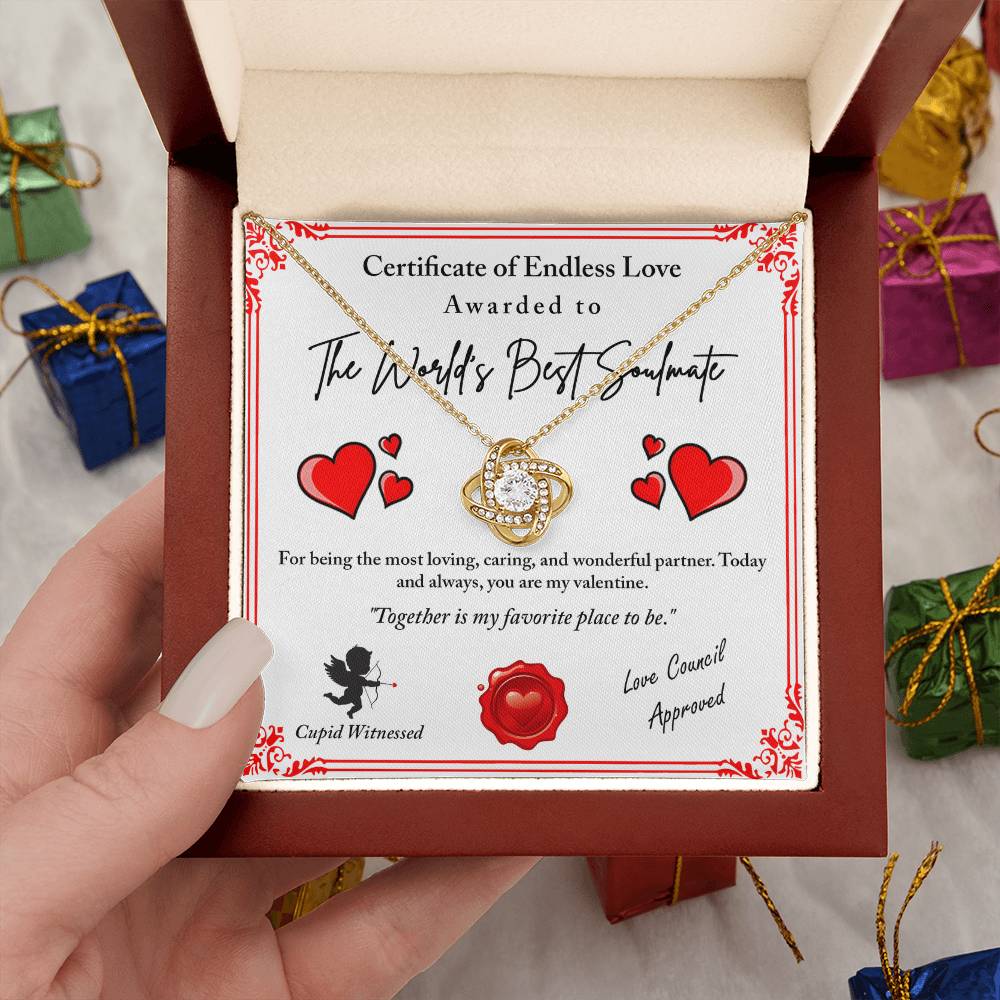 To My Soulmate Jewelry Gift - Love Knot Forever Necklace with Heartfelt Message Card From You - Cupid Witnessed