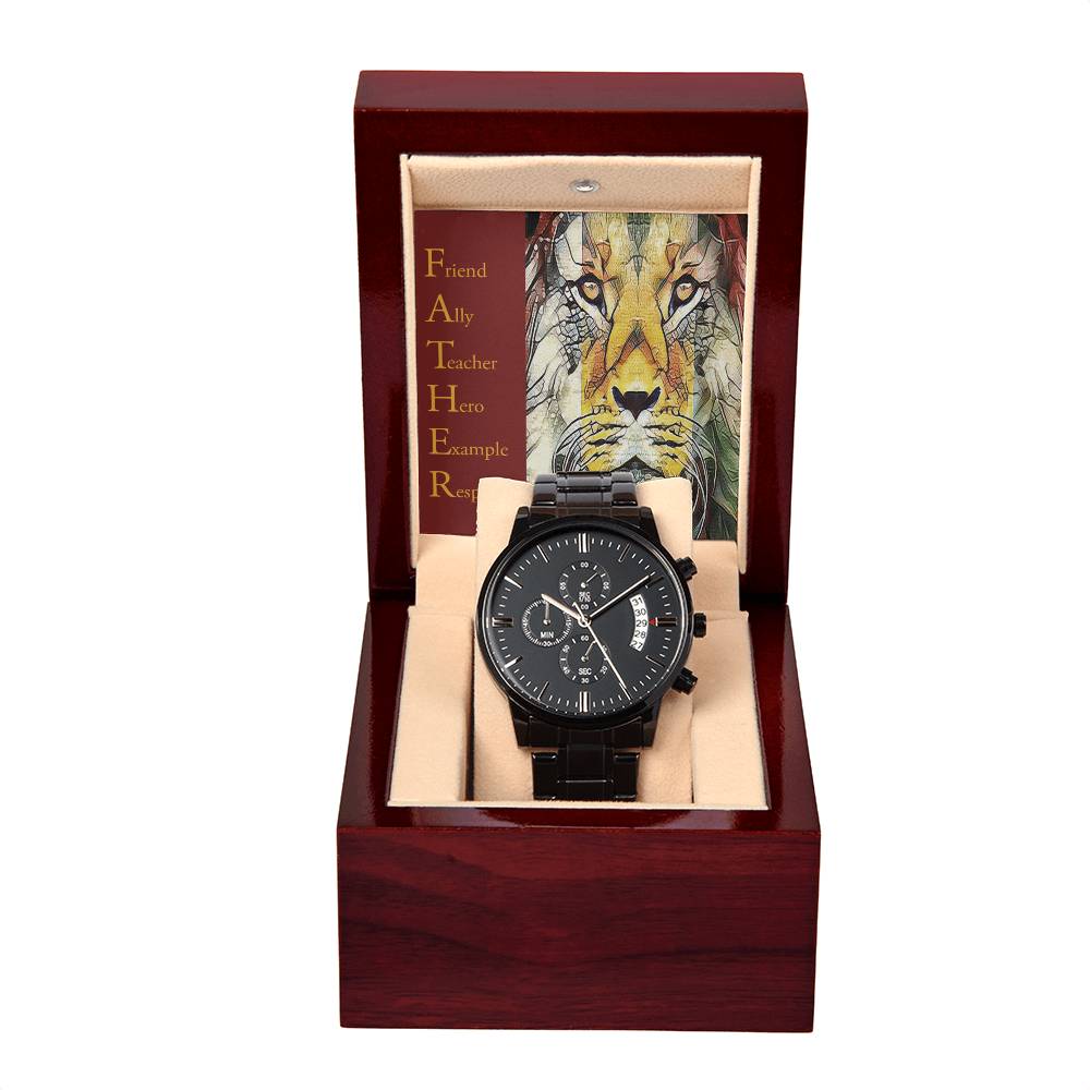 Gift For Dad - Mens Black Wrist Watch with Mahogany Box and Message Card - Respected