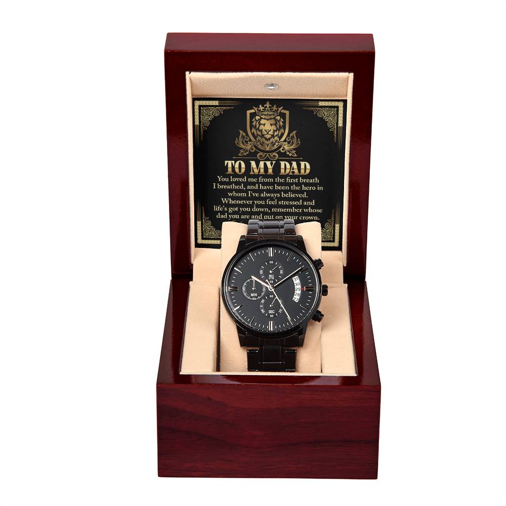 Gift For Dad - Mens Black Wrist Watch with Mahogany Box and Message Card - On Your Crown