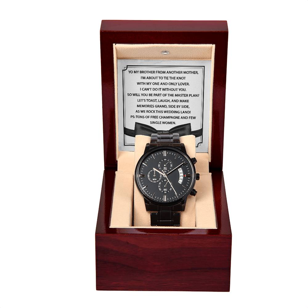 Groomsman Proposal Gift - Black Chronograph Watch with Message Card - Please Be My Groomsman