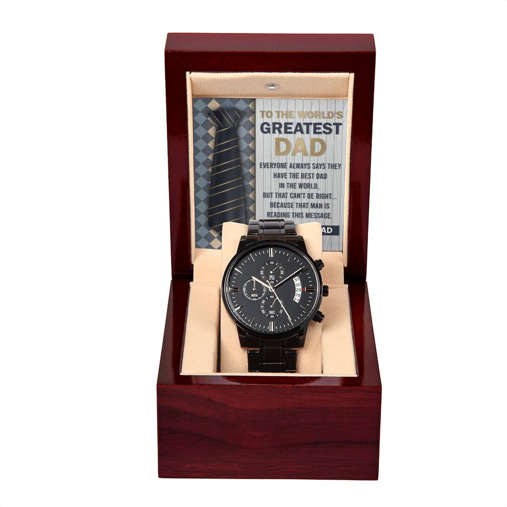 Gift For Dad - Mens Black Wrist Watch with Mahogany Box and Message Card - That Man