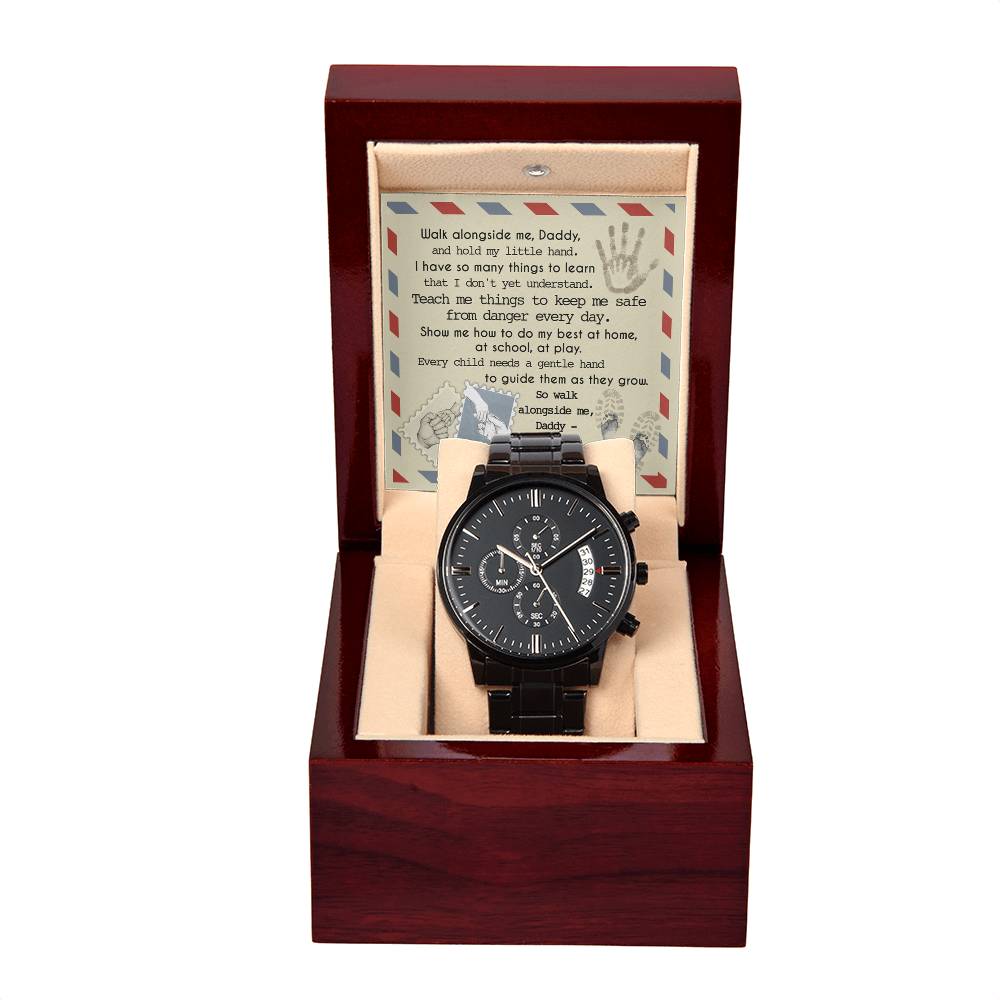 Gift For Dad - Mens Black Wrist Watch with Mahogany Box and Message Card - Walk Along Side Me