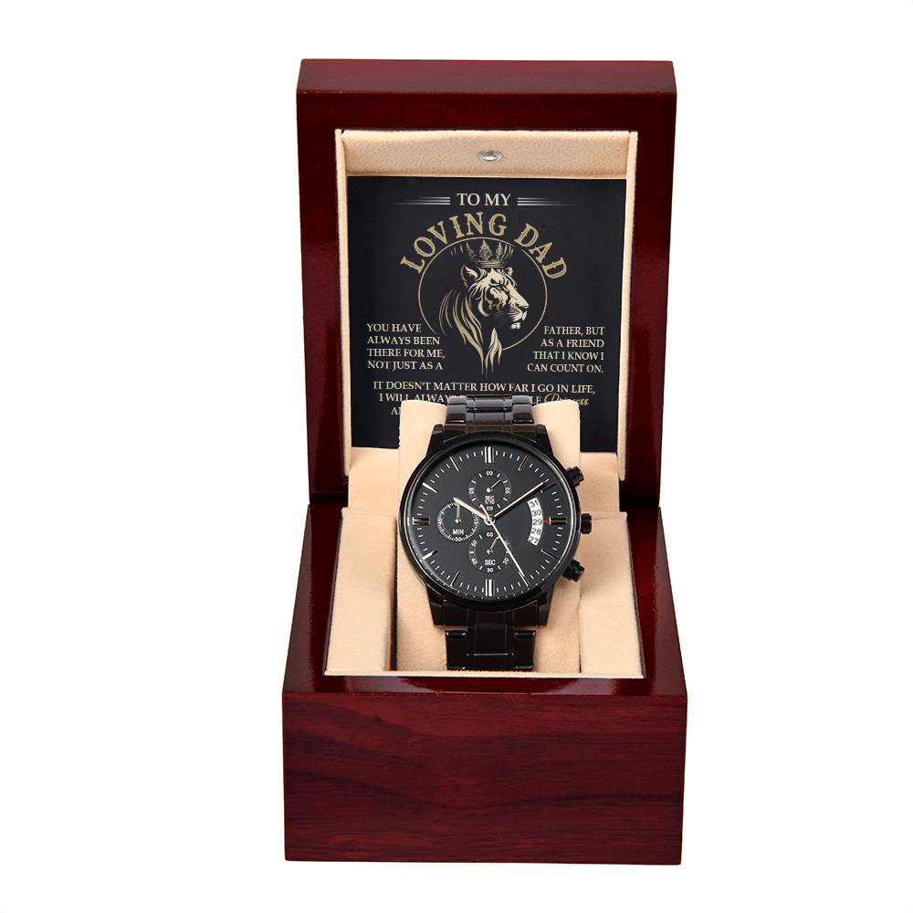 Dad Watch Gift - Always Be My King - Black Chronograph Watch with Mahogany Box