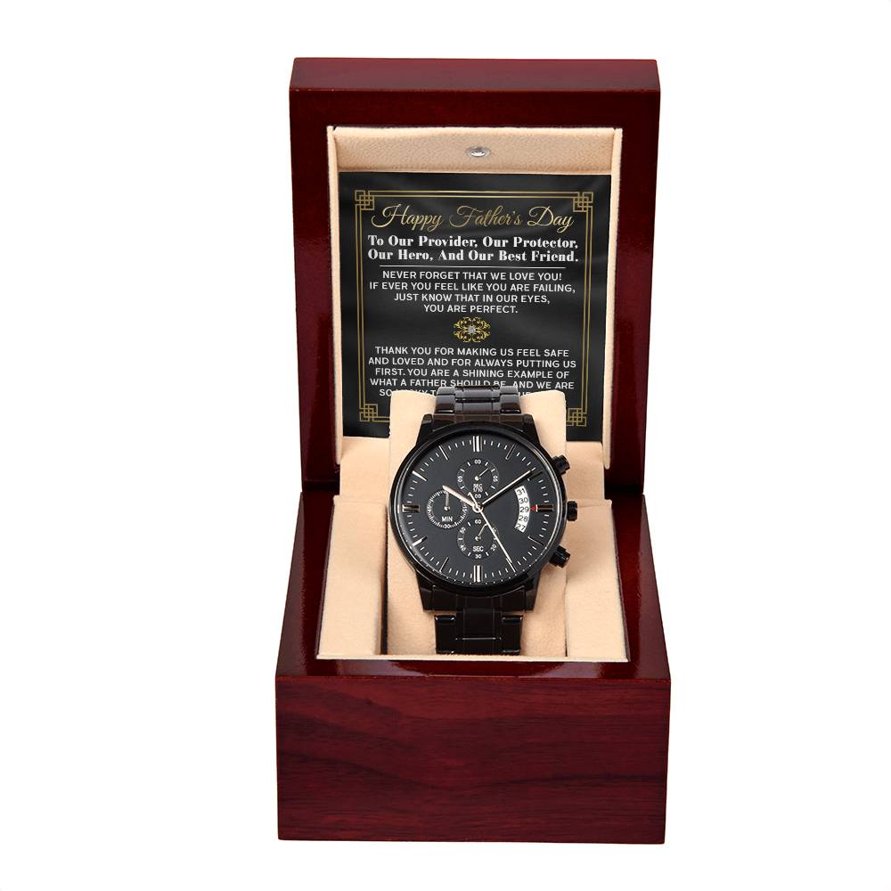 Fathers Day Gift - Mens Black Wrist Watch with Mahogany Box and Message Card - On Protector