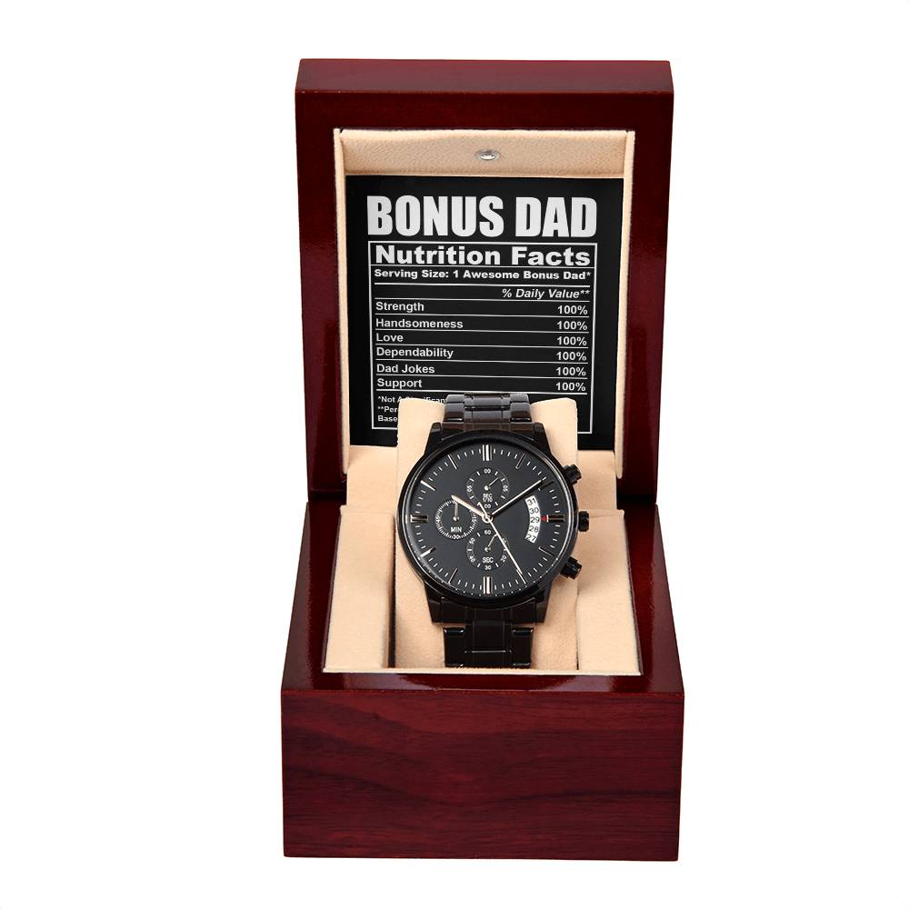 Bonus Dad Gift - Mens Black Wrist Watch with Mahogany Box and Message Card -Nutrition Facts