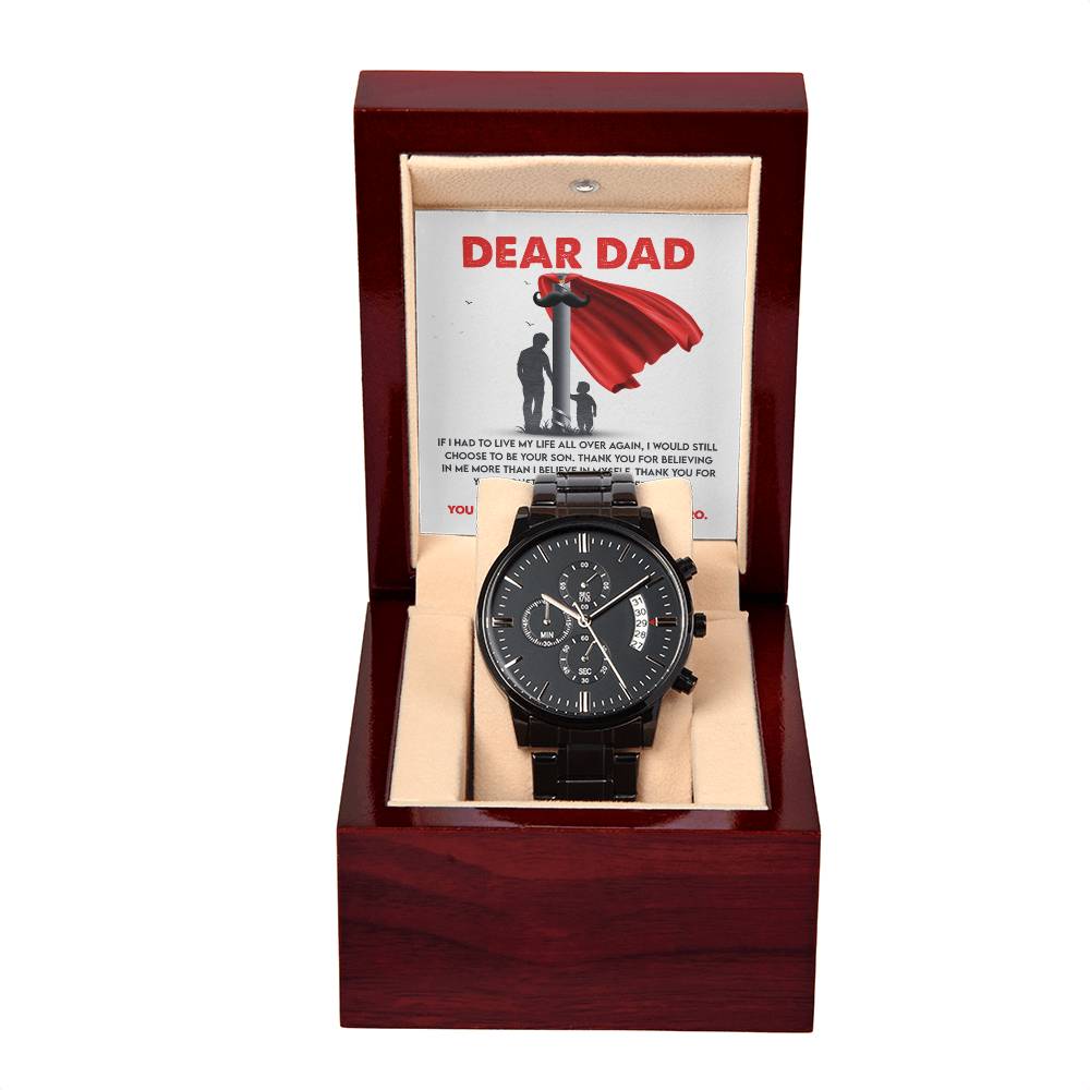 Gift For Dad - Mens Black Wrist Watch with Mahogany Box and Message Card - My Greatest Hero