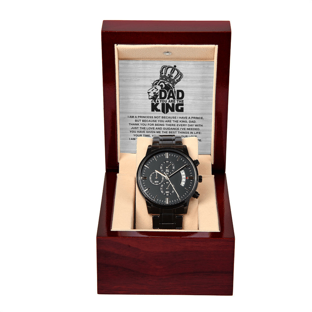 Gift For Dad - Mens Black Wrist Watch with Mahogany Box and Message Card - Not Because