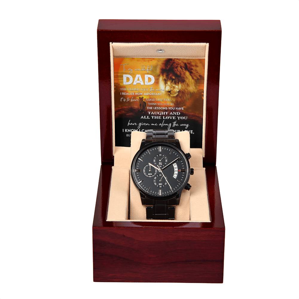 Gift For Dad - Mens Black Wrist Watch with Mahogany Box and Message Card - Repay Your Love