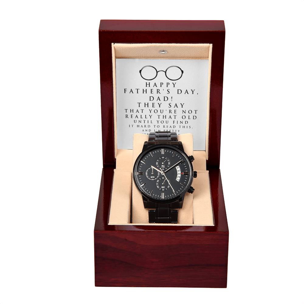 Fathers Day Gift For Dad - Mens Black Wrist Watch with Mahogany Box and Message Card - Hard To Read