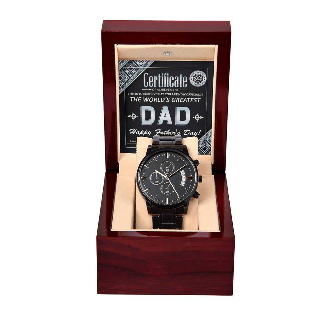 Dad Watch Gift - Certificate of Achievement - Black Chronograph Watch with Mahogany Box