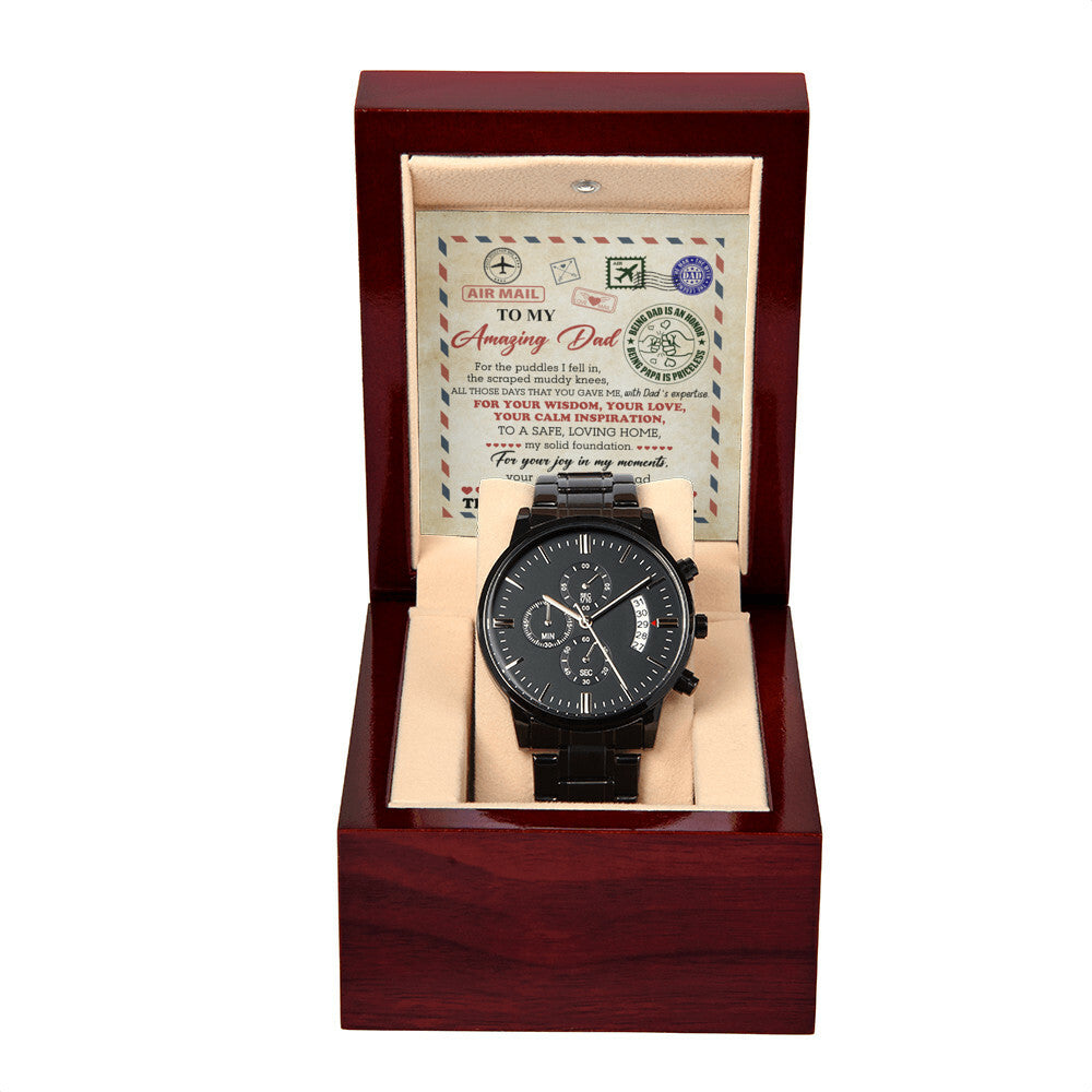 Gift For Dad - Mens Black Wrist Watch with Mahogany Box and Message Card - The Luckiest Child