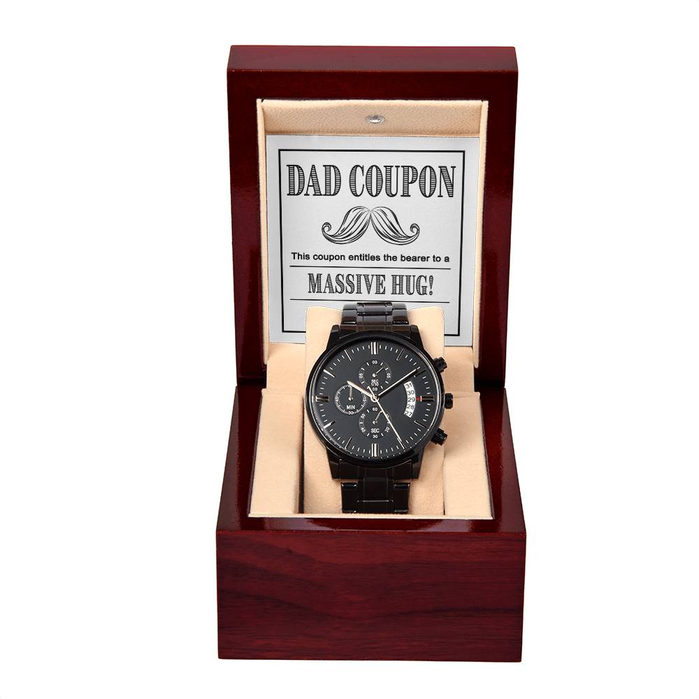 Gift For Dad - Mens Black Wrist Watch with Mahogany Box and Message Card - Massive Hug Coupon