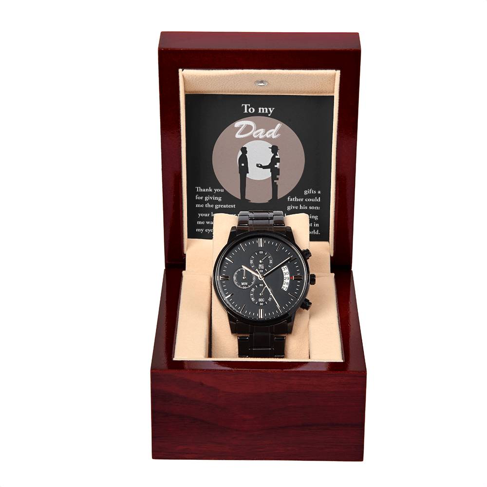 Gift For Dad - Mens Black Wrist Watch with Mahogany Box and Message Card - The Greatest Gifts