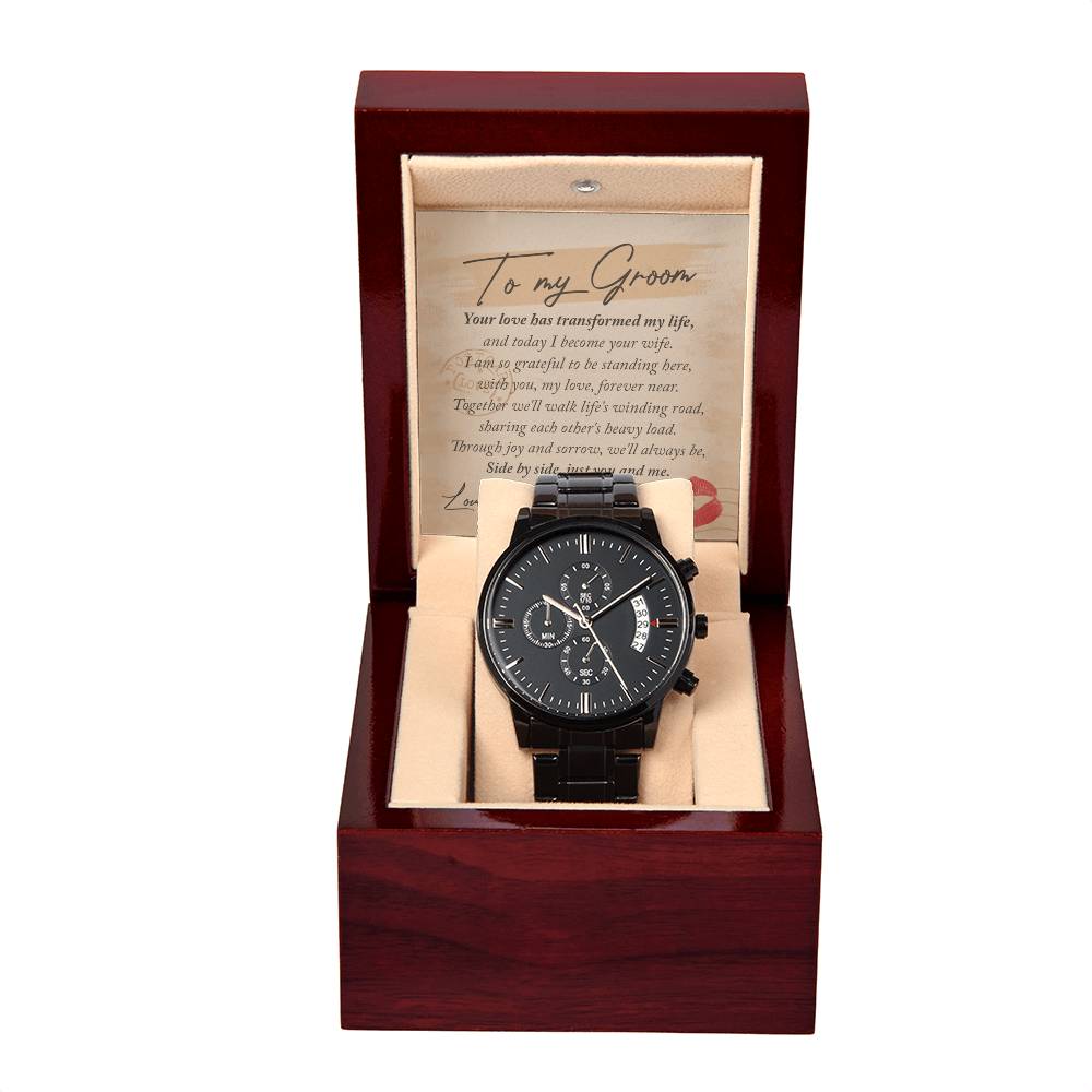 To My Groom Gift - Mens Black Wrist Watch with Mahogany Box and Message Card - You and Me