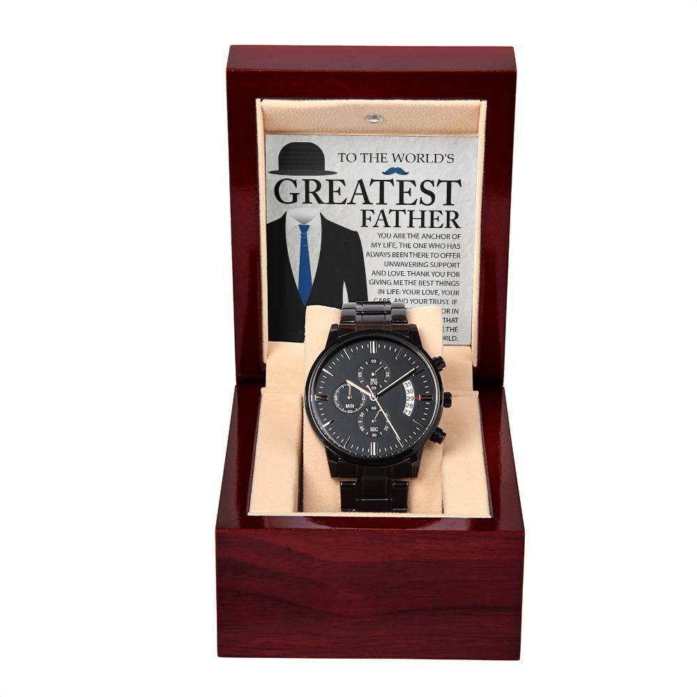 Gift For Dad- Mens Black Wrist Watch with Mahogany Box and Message Card - The Anchor