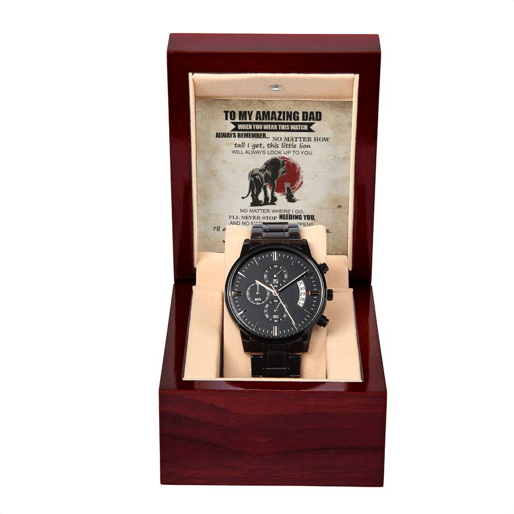 Gift For Dad - Mens Black Wrist Watch with Mahogany Box and Message Card - This Little Lion