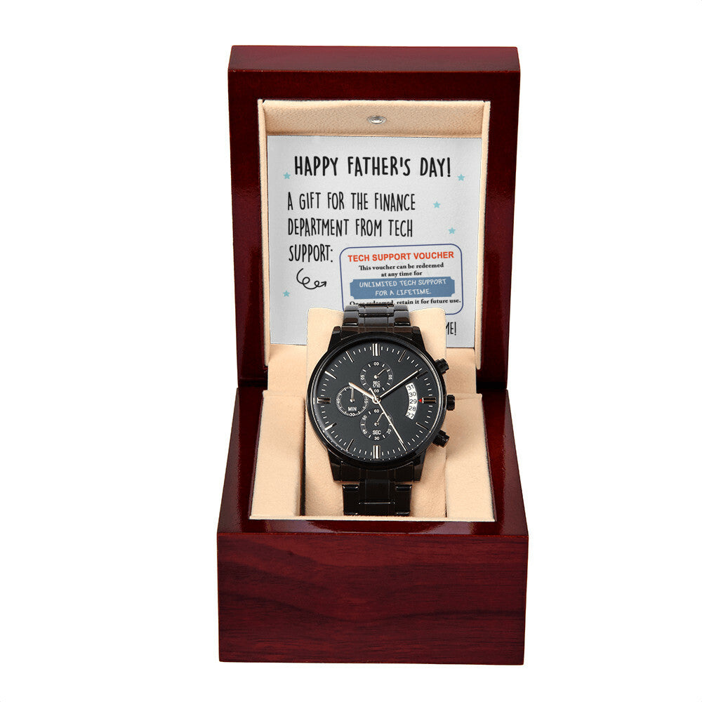 Fathers Day Gift For Dad - Mens Black Wrist Watch with Mahogany Box and Message Card - Tech Support Voucher