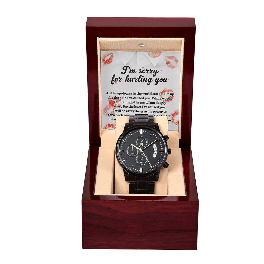 Apology Gift For Him - I Want To Set Things Right - Black Wrist Watch with Mahogany Box and Message Card