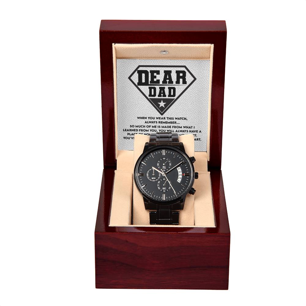 Dad Watch Gift - My Hero - Black Chronograph Watch with Mahogany Box