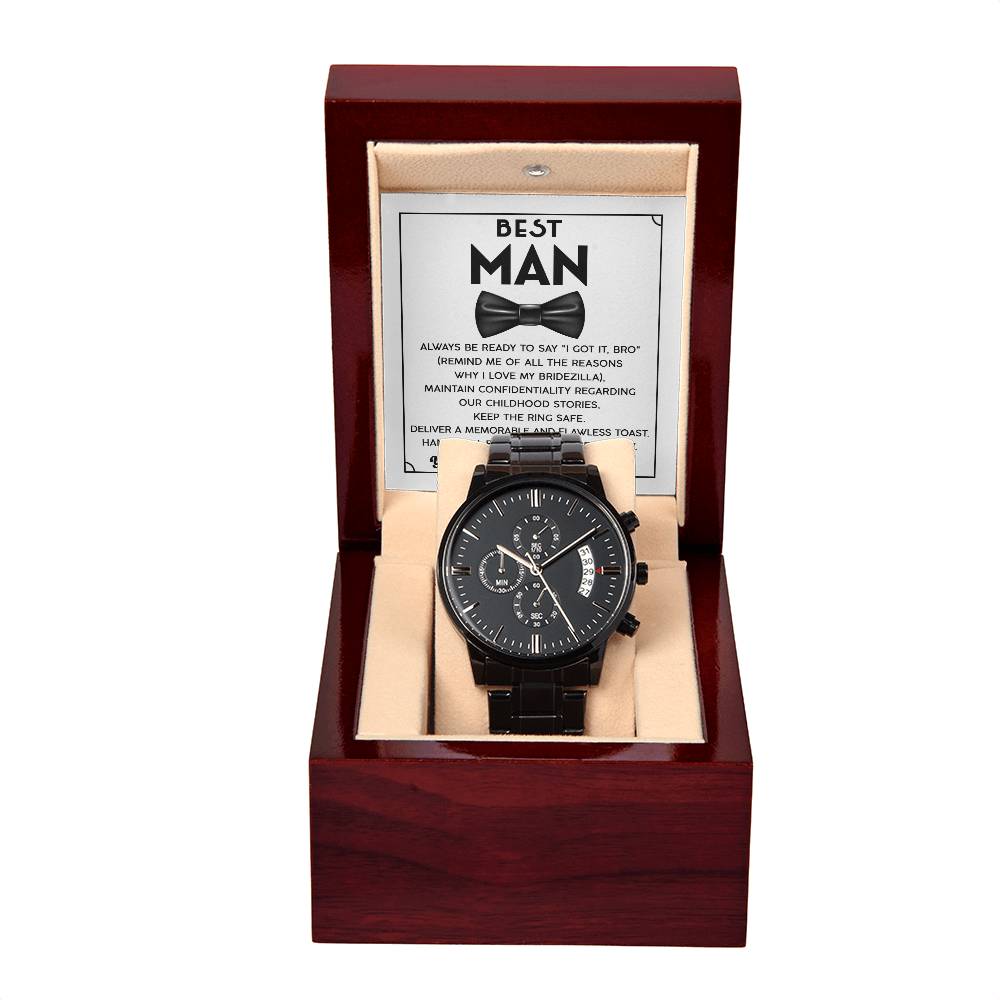 Best Man Proposal Gift - Black Chronograph Watch with Message Card - You Still Want The Job