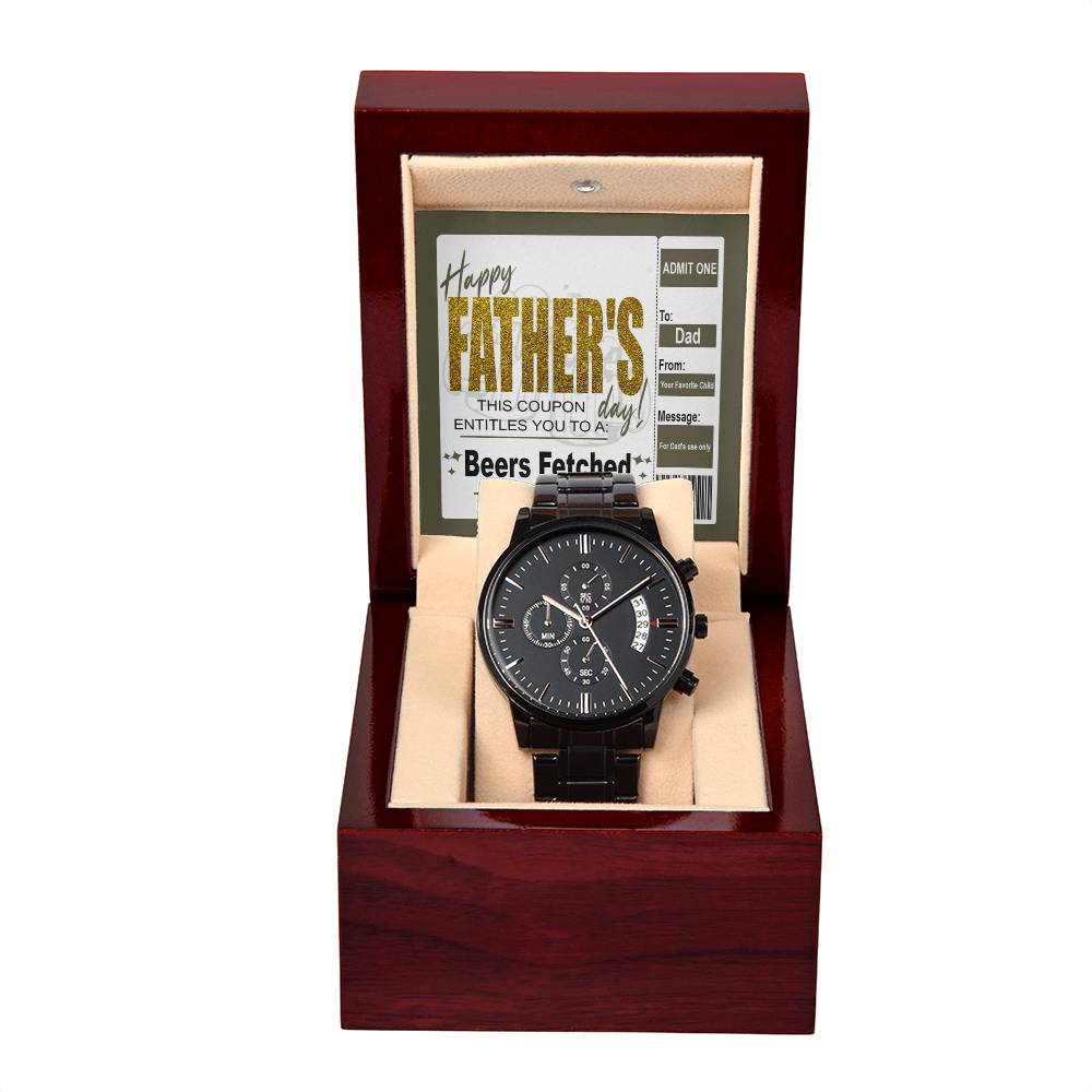 Fathers Day Gift For Dad - Mens Black Wrist Watch with Mahogany Box and Message Card -Beers Fetched