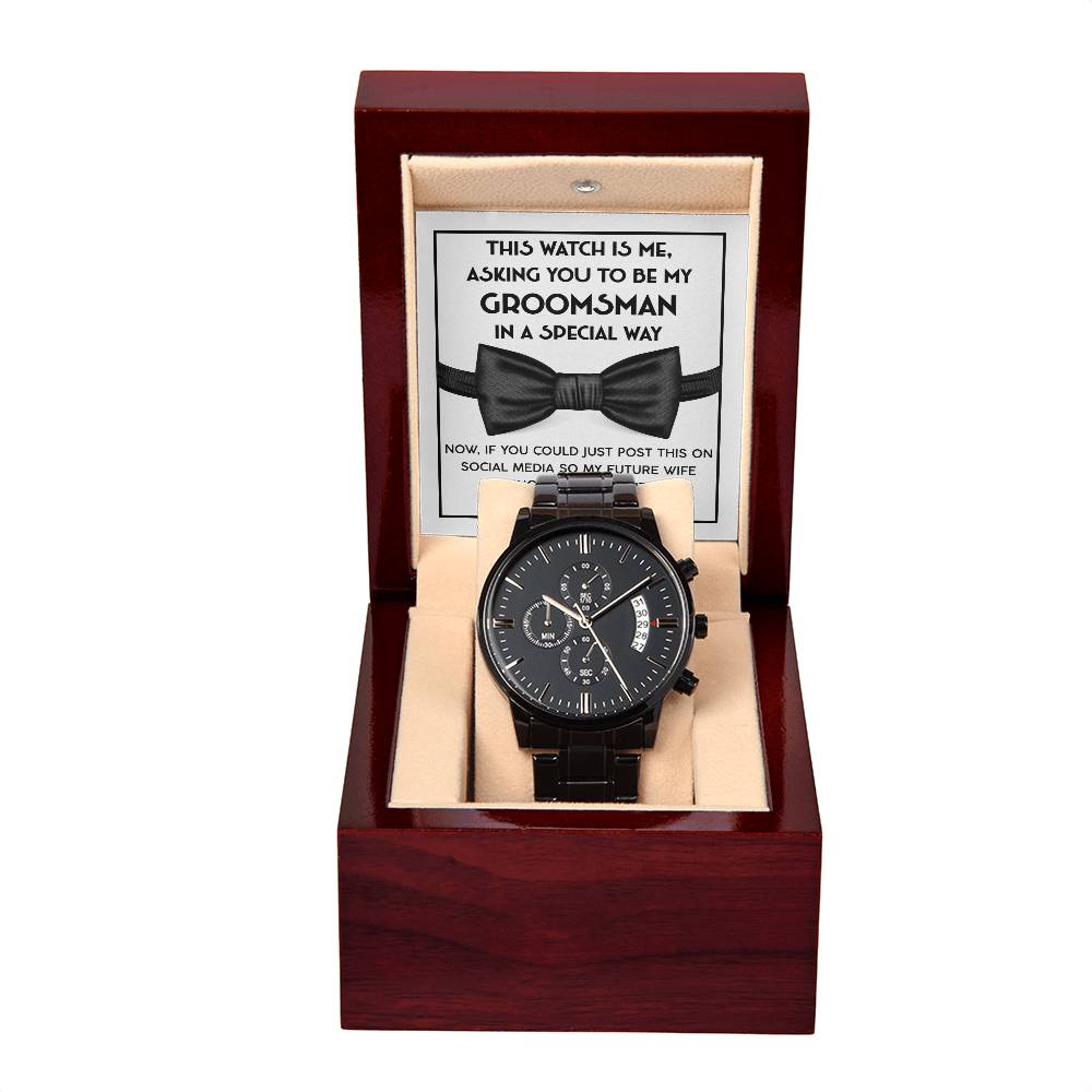 Groomsman Proposal Gift - Black Chronograph Watch with Message Card - I Owe You A Beer