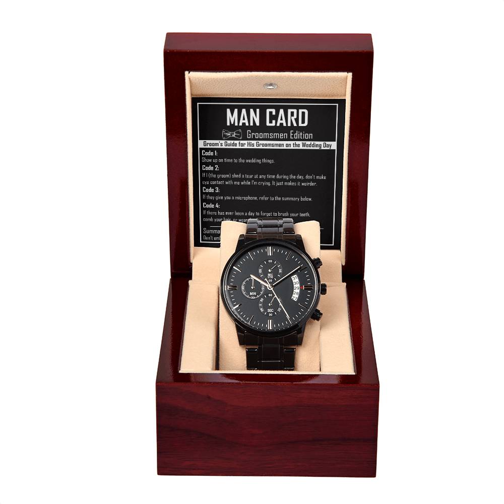 Groomsman Gift - Mens Black Wrist Watch with Mahogany Box and Message Card - Man Card