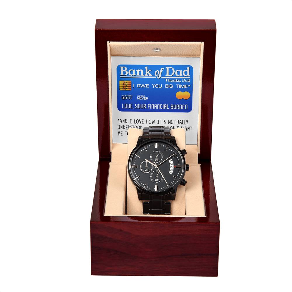 Gift For Dad - Mens Black Wrist Watch with Mahogany Box and Message Card -Bank of Dad