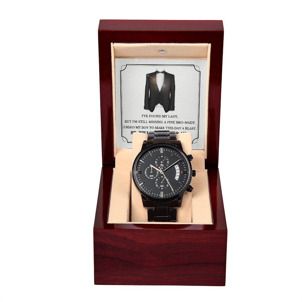 Groomsman Proposal Gift - Black Chronograph Watch with Message Card - Join My Crew