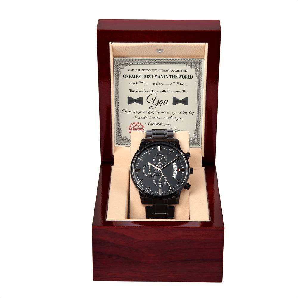 Best Man Gift - Mens Black Wrist Watch with Mahogany Box and Message Card - Official Recognition