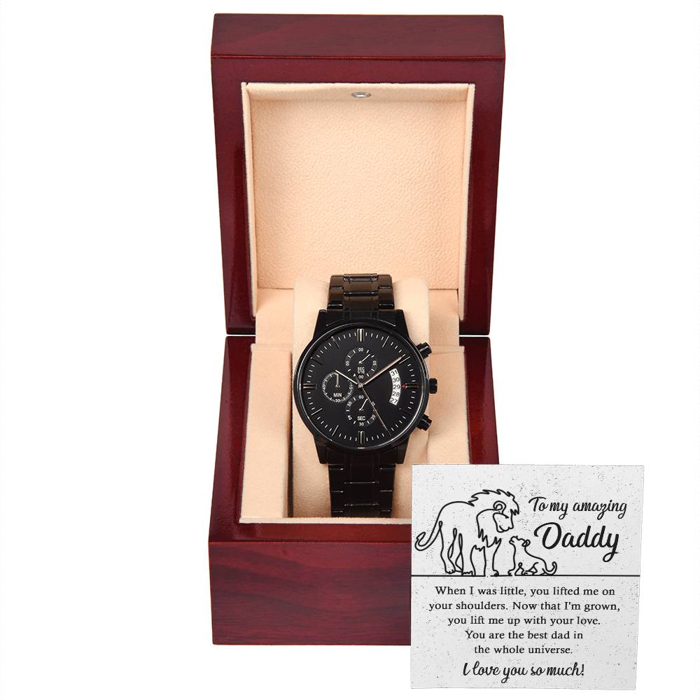 Gift For Dad - Mens Black Wrist Watch with Mahogany Box and Message Card - On Your Shoulders