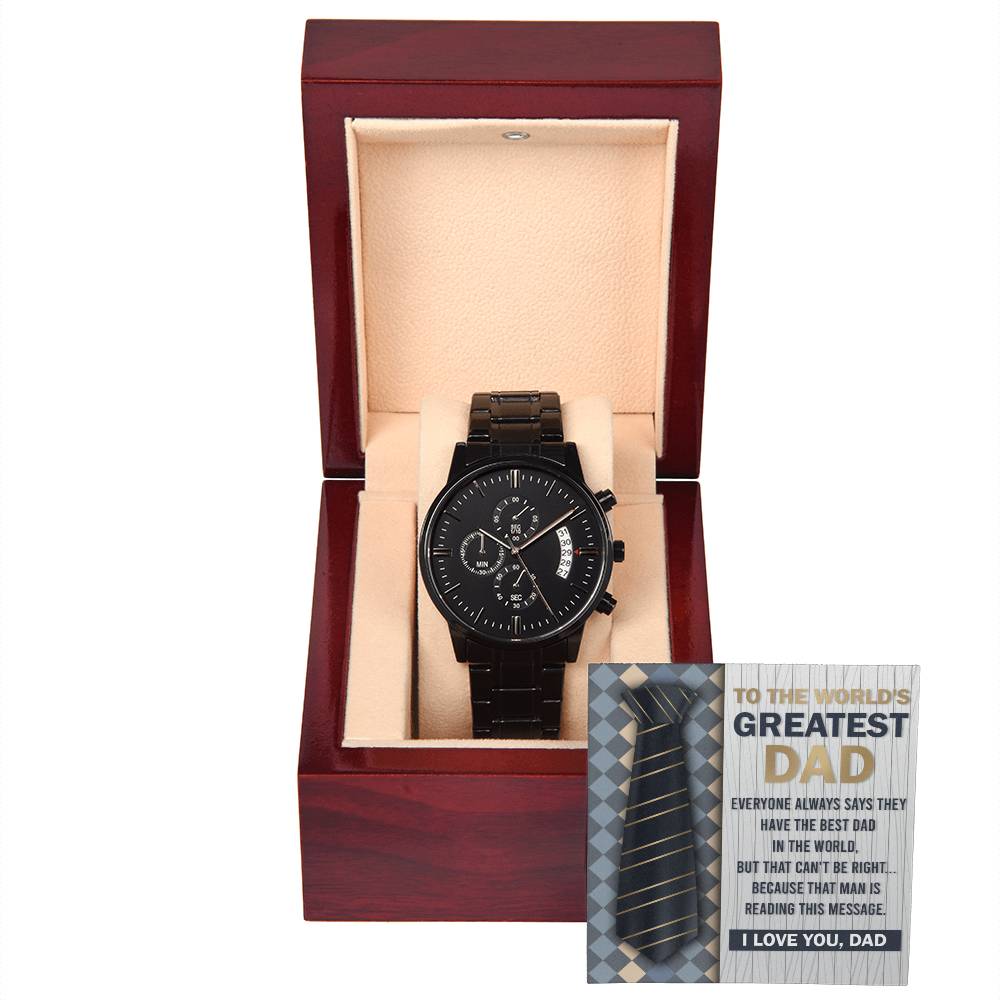 Gift For Dad - Mens Black Wrist Watch with Mahogany Box and Message Card - That Man