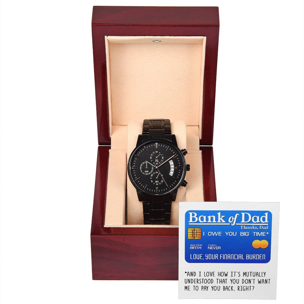 Gift For Dad - Mens Black Wrist Watch with Mahogany Box and Message Card -Bank of Dad