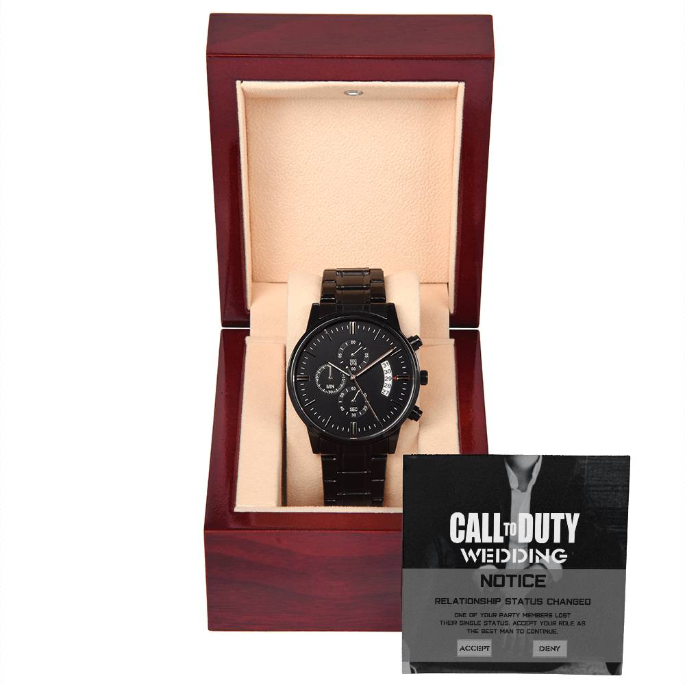 Best Man Gift - Mens Black Wrist Watch with Mahogany Box and Message Card - Call To Duty