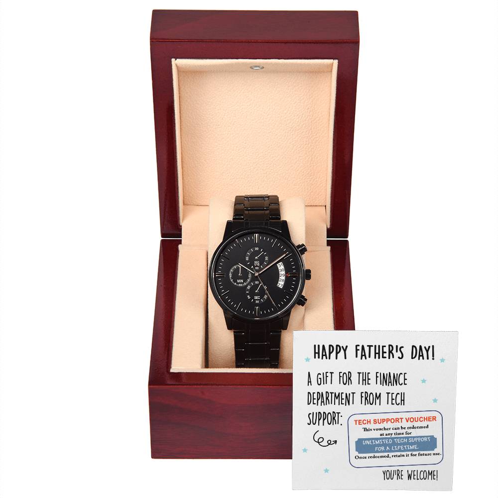 Fathers Day Gift For Dad - Mens Black Wrist Watch with Mahogany Box and Message Card - Tech Support Voucher