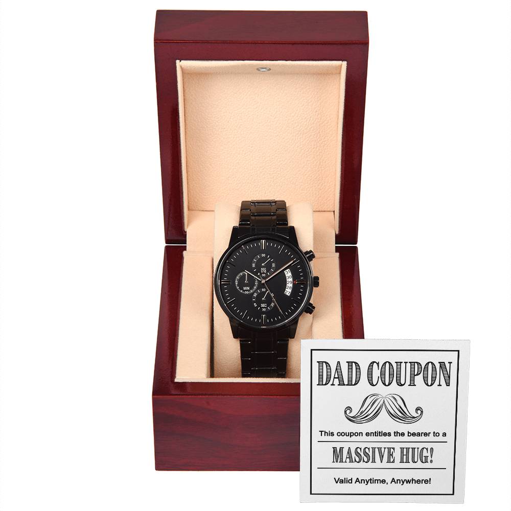 Gift For Dad - Mens Black Wrist Watch with Mahogany Box and Message Card - Massive Hug Coupon