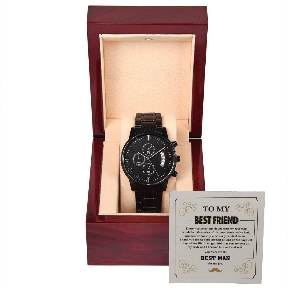 Best Man Gift - Mens Black Wrist Watch with Mahogany Box and Message Card - Thanks For All Your Support