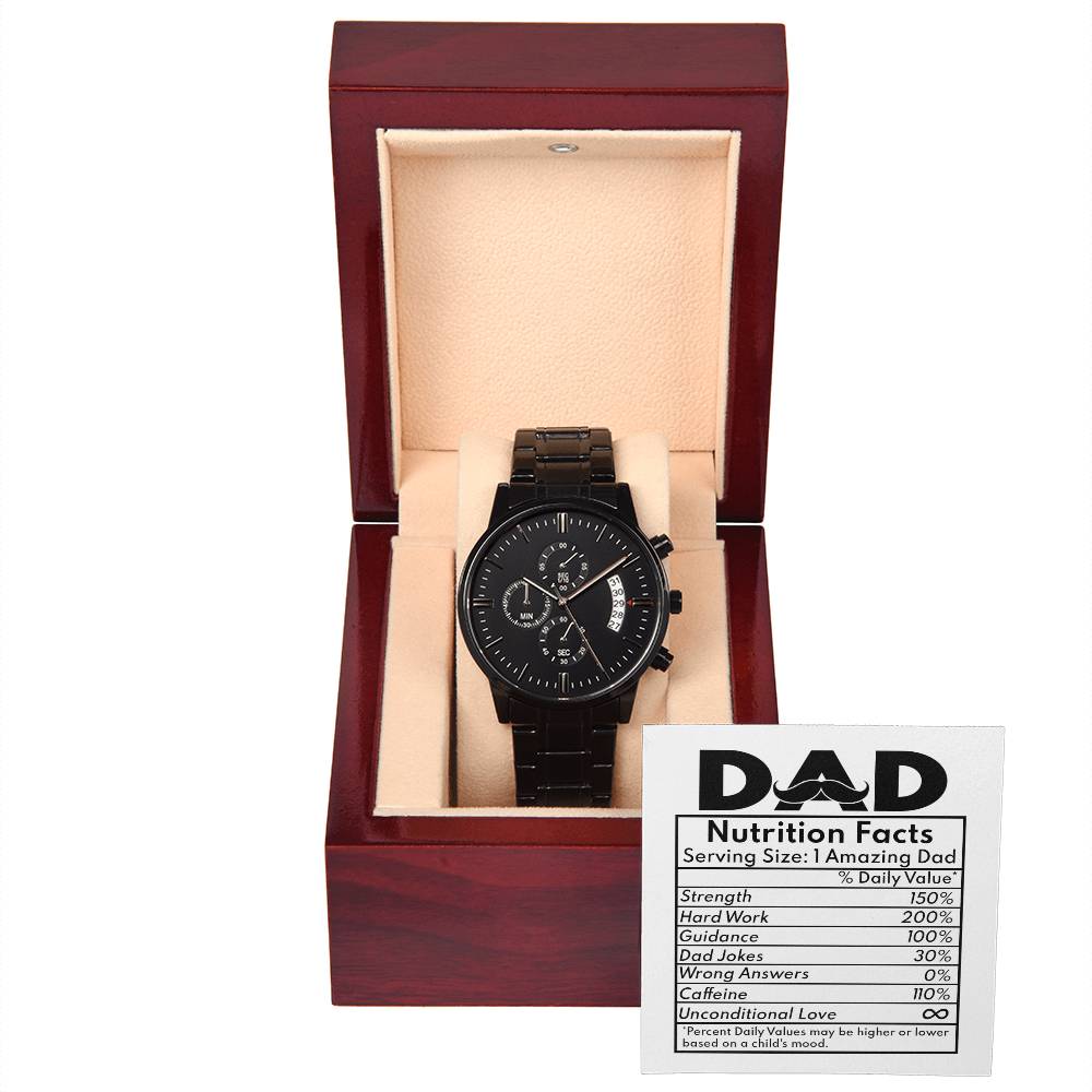 Gift For Dad - Mens Black Wrist Watch with Mahogany Box and Message Card - Nutrition Facts