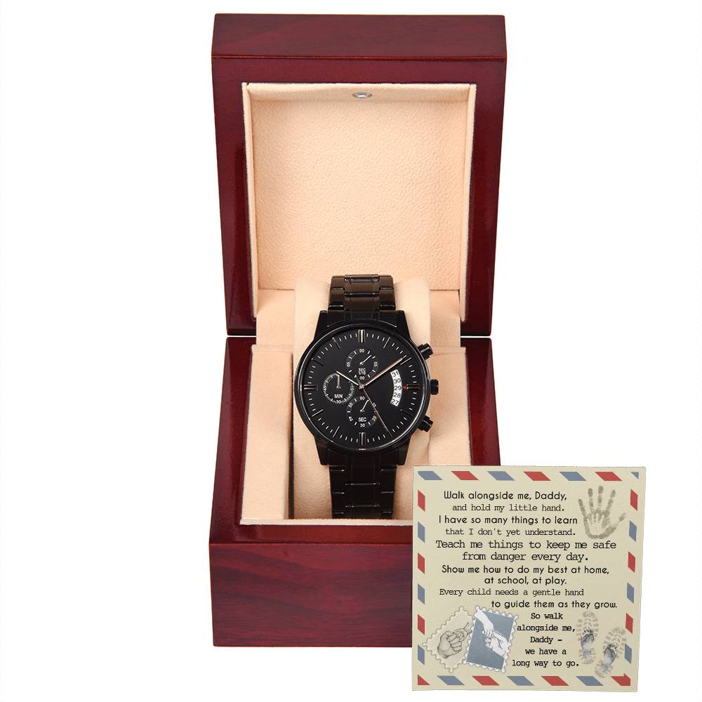 Gift For Dad - Mens Black Wrist Watch with Mahogany Box and Message Card - Walk Along Side Me