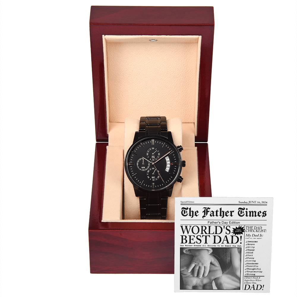 Father's Day Gift For Dad- Mens Black Wrist Watch with Mahogany Box and Message Card - The Father Times