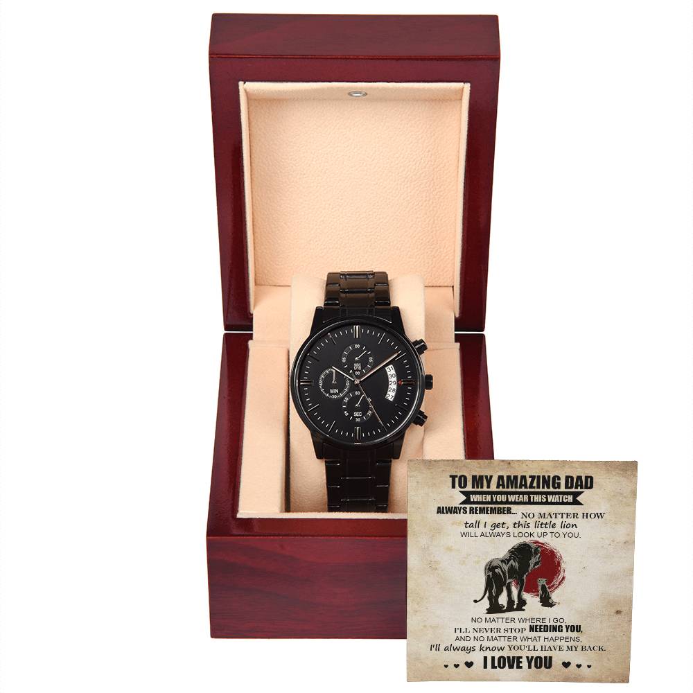 Gift For Dad - Mens Black Wrist Watch with Mahogany Box and Message Card - This Little Lion