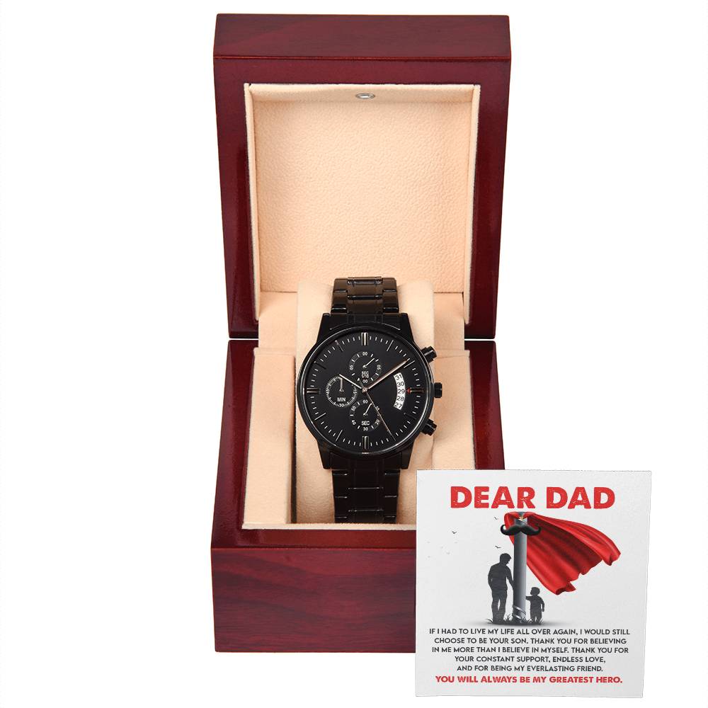 Gift For Dad - Mens Black Wrist Watch with Mahogany Box and Message Card - My Greatest Hero