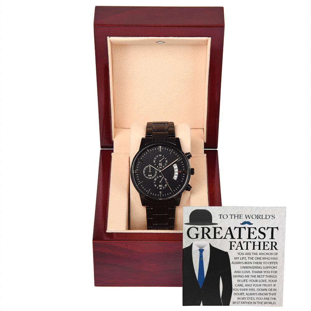 Gift For Dad- Mens Black Wrist Watch with Mahogany Box and Message Card - The Anchor