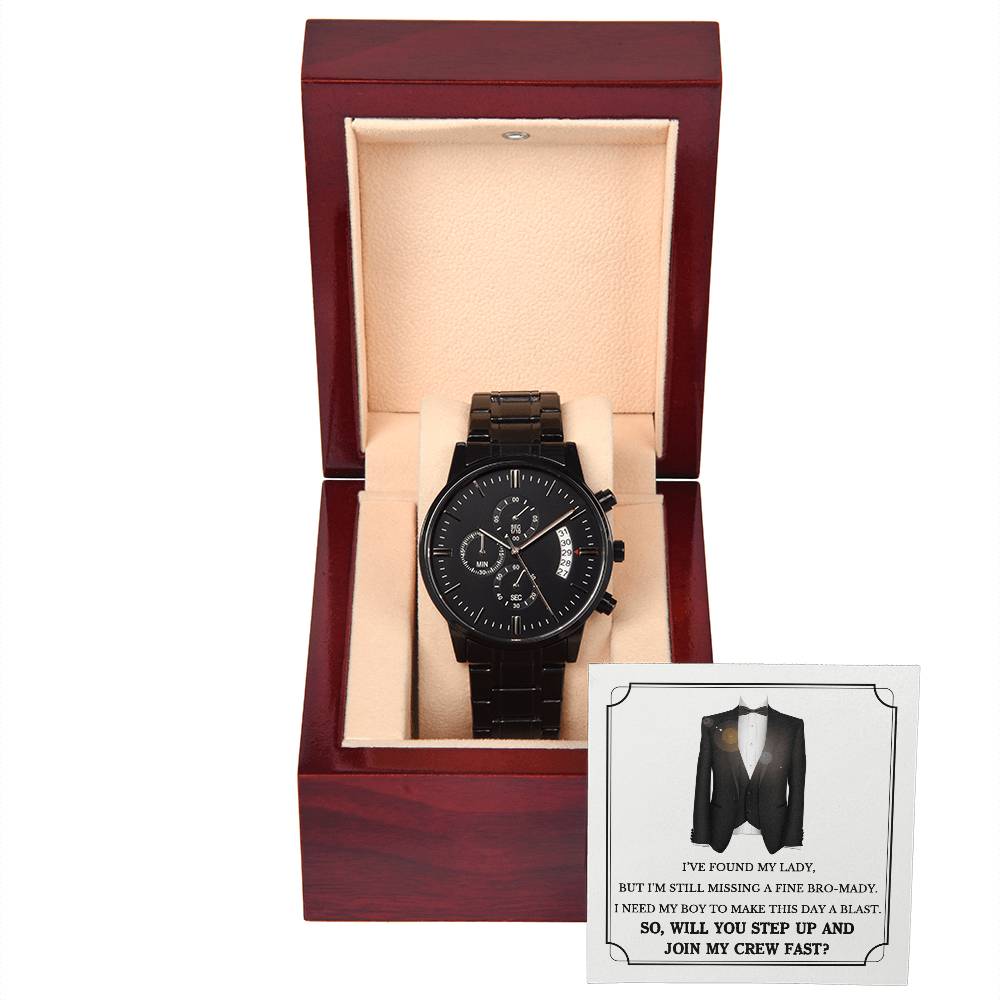 Groomsman Proposal Gift - Black Chronograph Watch with Message Card - Join My Crew