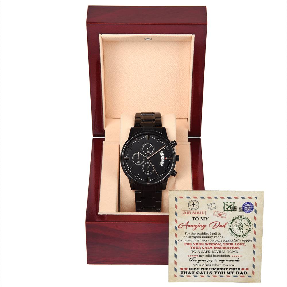 Gift For Dad - Mens Black Wrist Watch with Mahogany Box and Message Card - The Luckiest Child