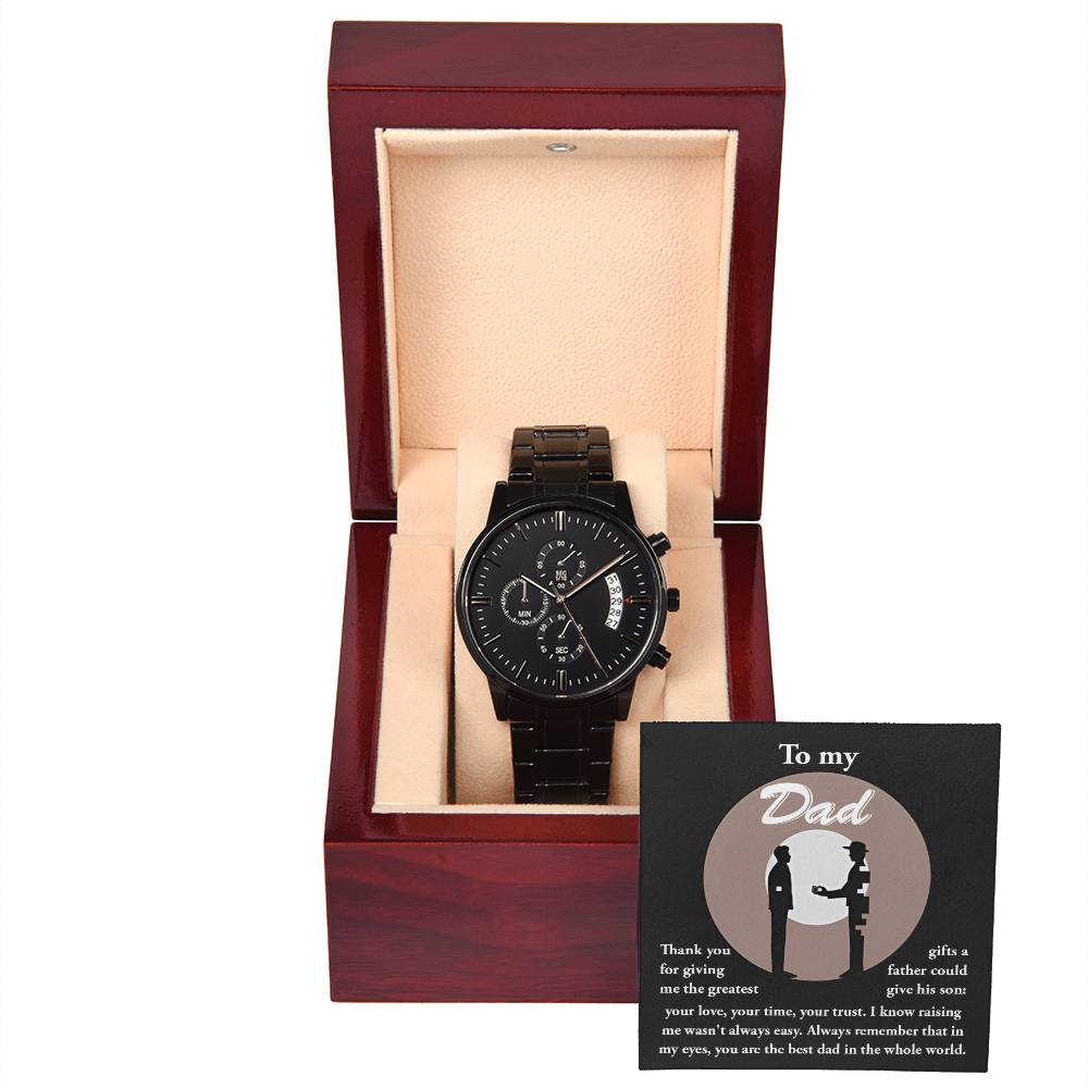 Gift For Dad - Mens Black Wrist Watch with Mahogany Box and Message Card - The Greatest Gifts